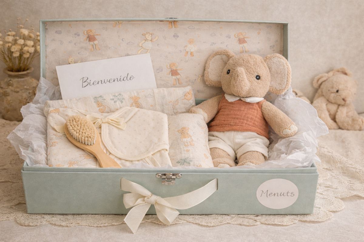 Cesta de nacimiento de Menuts: maleta con peluche de elefante, muselinas, babero y cepillo